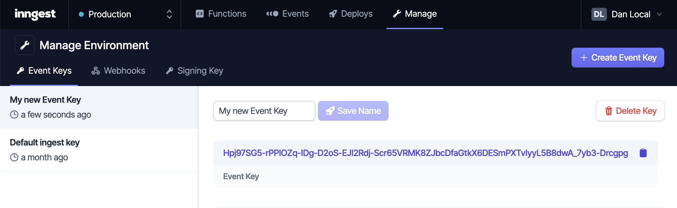 A newly created Event Key in the Inngest Cloud dashboard
